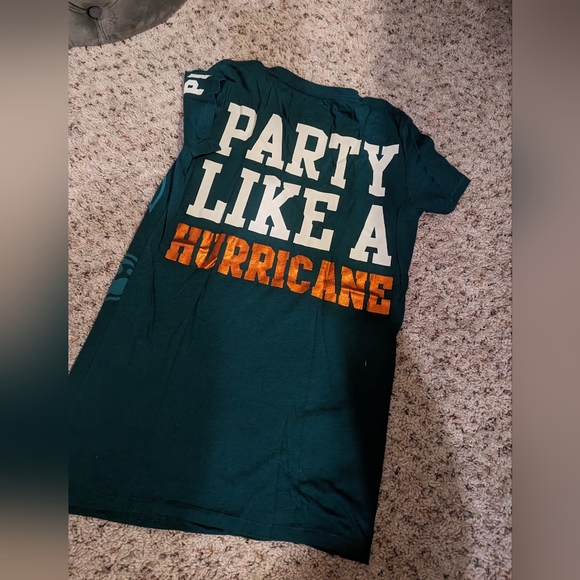 Victorias secret pink University of Miami dk green party like a hurricane Tshirt - Picture 2 of 3